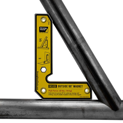 90 Degree Magnetic Welding Square With Inside And Outside Magnets, Fixed Angle Fixturing Tool For Sheet Metal Pipes And Angles, 6 Inch Length, 40 Lb Pull, Dual Magnet System For Tight, Precise Holds positioned between metal pipes