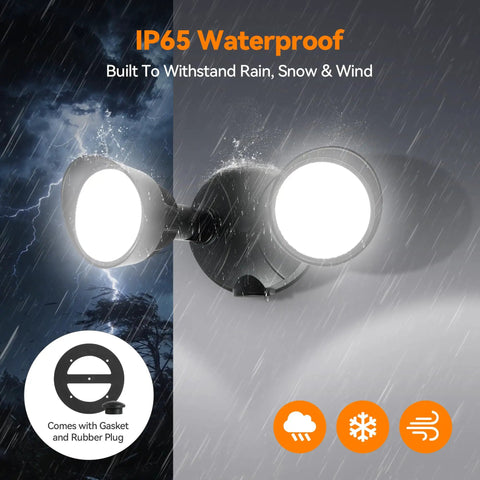 Badass Heavy Duty Dual Head Led Exterior Flood Light With 45 Watt Power And 5500 Lumens Kickin Brightness under rain, showcasing IP65 waterproof features.