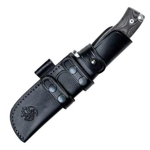 Survival Knife For Camping And Bushcraft With 14.5 cm Drop Point Blade in leather sheath, black Micarta handle visible