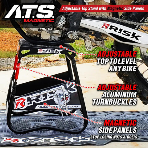 Adjustable Top Magnetic Motocross And Dirt Bike Stand With Universal Fit Built Tough Oversized Base Magnetic Side Panels For Tools CNC Aluminum Turnbuckle Leveling System Center Oil Drain Hole 16.75 By 16 By 17 Inches