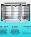 Pro Level Three Door Reach In Refrigerator 72 Cubic Feet Stainless Steel with open doors showcasing adjustable shelves.