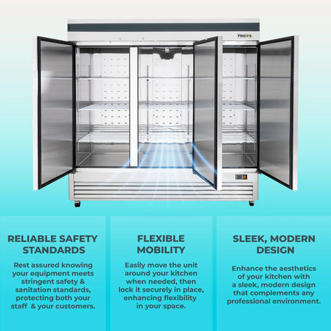 Pro Level Three Door Reach In Refrigerator 72 Cubic Feet Stainless Steel with open doors showcasing adjustable shelves.