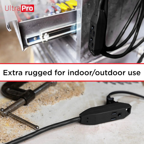 25 Ft Indoor Extension Cords 2 Pack 3 Outlet Power Strip With Grounded 16 Gauge Heavy Duty Cable ETL Listed Black on garage floor