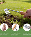 Four Tine Stainless Steel Weed Puller Tool With Solid Wood Handle used for backyard planting and garden weeding