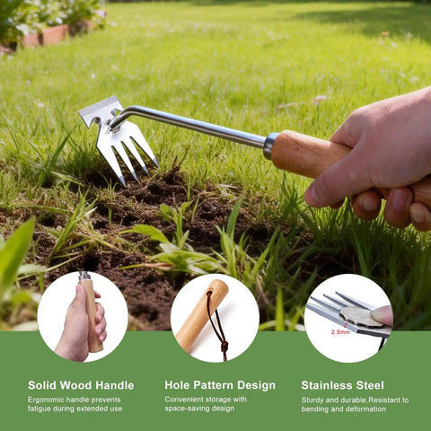 Four Tine Stainless Steel Weed Puller Tool With Solid Wood Handle used for backyard planting and garden weeding