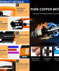 Heavy Duty Electric Strapping Tool For 13 To 16 Mm Pp Pet Bands showcasing copper motor, anti-slip handle, and LED indicator features.