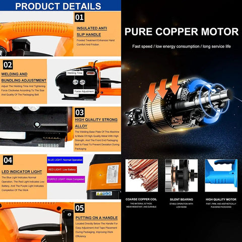 Heavy Duty Electric Strapping Tool For 13 To 16 Mm Pp Pet Bands showcasing copper motor, anti-slip handle, and LED indicator features.