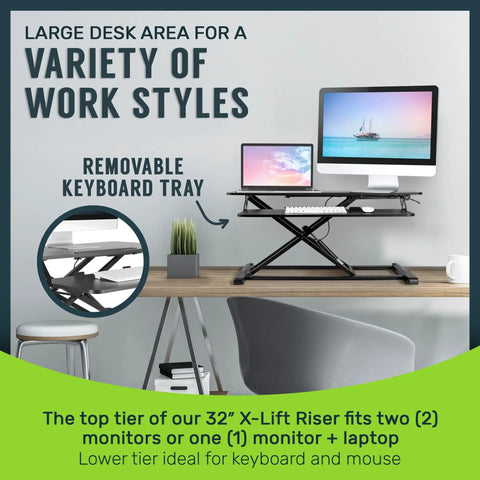32 Inch Adjustable Standing Desk Converter For Home Office Sit To Stand Desk Setup With Keyboard Tray And Dual Monitor Riser Black Height From 4.3 To 19.7 Inches showing dual monitor setup on a desk.