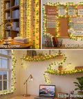Vine With Fairy Lights Battery Operated 33Ft 100 LED Pothos String Lights adorning reading corner, bulletin board, and home workspace.