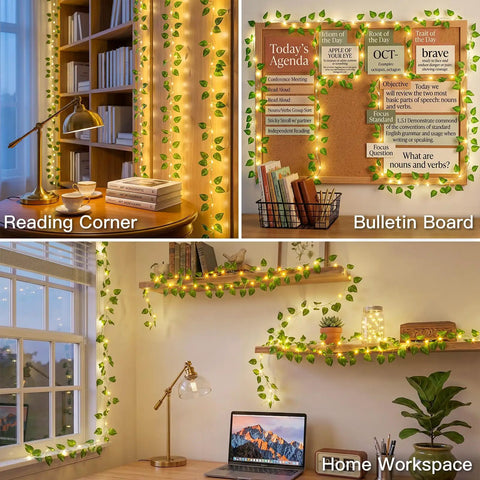 Vine With Fairy Lights Battery Operated 33Ft 100 LED Pothos String Lights adorning reading corner, bulletin board, and home workspace.