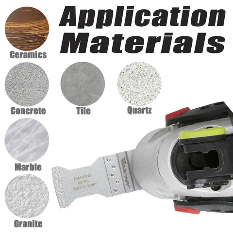 Six Piece Diamond Oscillating Saw Blade Set For Grout Removal And Tile Repair, showing material application types.