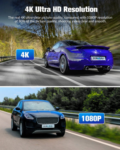 4K Front And 1080P Rear 3 Channel Dash Cam For Your Ride With 32GB Card showing ultra HD car footage comparisons