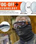 Modi OTG Safety Goggles worn over glasses in dusty workspace, showcasing Fog-Off Plus tech and indirect venting for comfort.