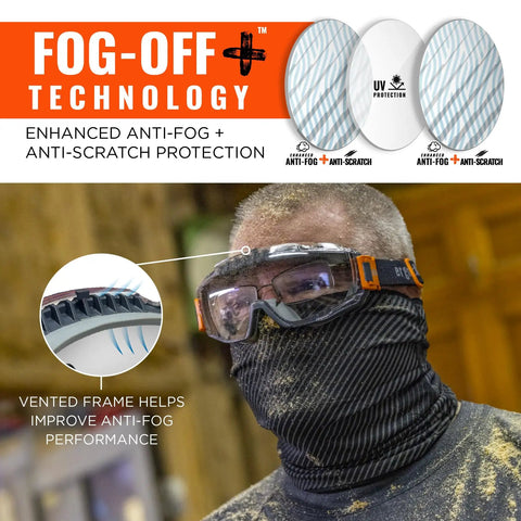 Modi OTG Safety Goggles worn over glasses in dusty workspace, showcasing Fog-Off Plus tech and indirect venting for comfort.