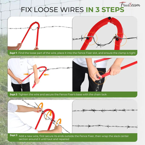 Beefy Heavy Duty Fence Stretcher Fixer And Wire Tightener Tool 7.7 Lbs Handles Up To 6.5mm Wire For Barbed Plain And Electric Fences Quick Farm Ranch Garden Fence Repair demonstrating wire fixing in three steps.