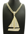 Gold Tone Sailing Yacht Pendant On 10mm Cuban Chain Necklace, 30 Inch Iced Out Bling Jewelry For Men displayed against black.