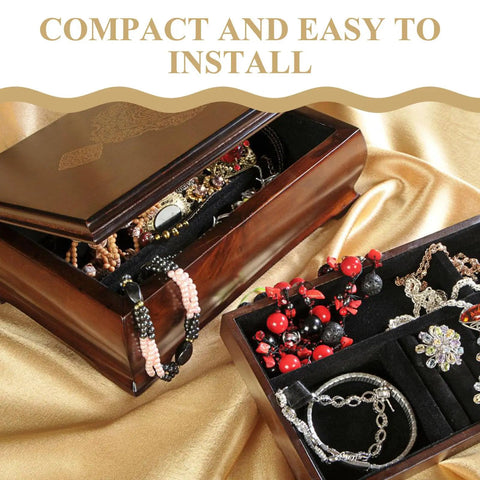 Vintage Style Concealed Brass Hinges Set Of 8 For Jewelry Boxes And Wooden Cabinets shown with open filled jewelry boxes.
