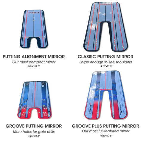 Four types of putting mirror alignment training aids with built-in eye alignment mirror and stroke path for tour pro level setup.