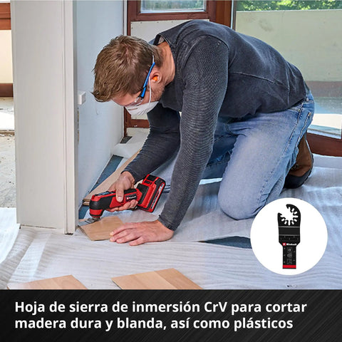 Man using All In One Pro Grade 4 Piece Multitool Accessory Set With BIM Plunge Saw Blade 34 Mm 18 TPI on wood floor
