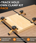 Extended 5-3/8 Inch T Slot Hold Down Clamps 4 Pack for CNC router and woodworking, adjustable with rubber pads, installed view.