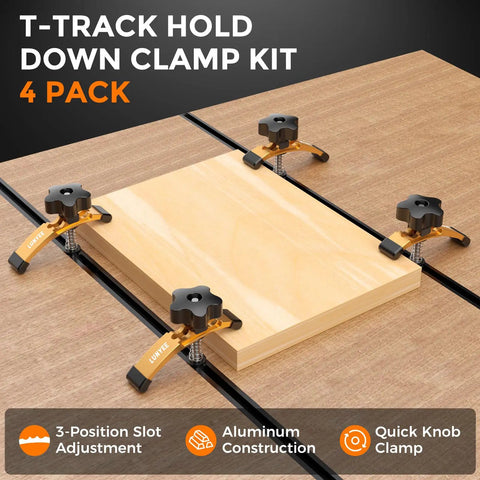 Extended 5-3/8 Inch T Slot Hold Down Clamps 4 Pack for CNC router and woodworking, adjustable with rubber pads, installed view.
