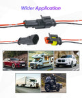Rock-Solid Waterproof Electrical Auto Wire Connectors 2-Pin Plug-In Terminals seen with cars, RVs, trucks, and motorcycles.