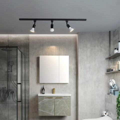 J Type Track Lighting Heads To E26 Medium Screw Base Adapters, Direction Adjustable, Slick Black Finish installed in bathroom