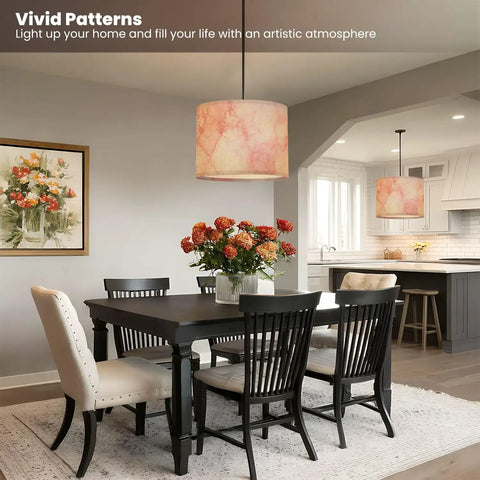 Dining room with Marble Granite White Drum Lamp Shade With Pink Graphic Abstract Pattern, fitting modern decor style.