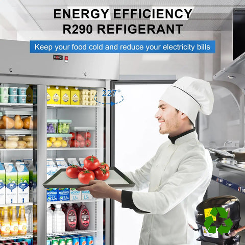 Badass Heavy Duty Upright Commercial Refrigerator Featuring 49 Cubic Feet Cooling Capacity And Durable Fingerprint Resistant Steel Shelves For Busy Kitchens with chef holding tomatoes.