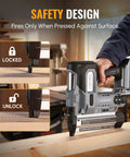 Safety design feature of A Total Game Changer 20V Cordless Brad Nailer And Staple Gun Kit showing locked and unlocked modes.