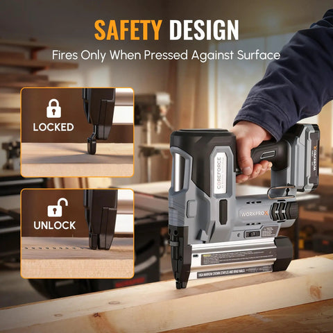 Safety design feature of A Total Game Changer 20V Cordless Brad Nailer And Staple Gun Kit showing locked and unlocked modes.
