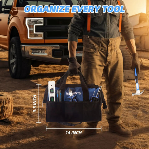 174 Piece Go-To Home Repair Tool Kit With 14 Inch Large Mouth Storage Tool Bag outdoors with tools displayed