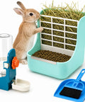 Heavy Duty 2 In 1 Hanging Hay Rack And Water Bottle Combo With Spacious Food Bowl For Bunnies Guinea Pigs Chinchillas And Little Critters Keeping Cages Clean with rabbit, food bowl, and water bottle.