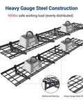Two Pack 1x6 Foot Wall Mounted Floating Shelves Black For Garage Storage Pantry Or Kitchen Easy Stud Mount Classic Series 12x72 Inches Each Shelf Made From Two 1x3 Foot Panels showing heavy gauge steel construction and weight capacity