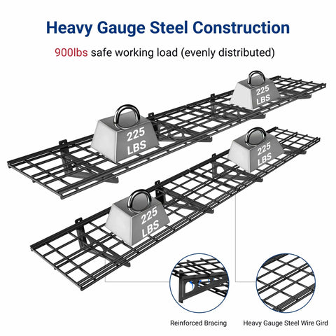 Two Pack 1x6 Foot Wall Mounted Floating Shelves Black For Garage Storage Pantry Or Kitchen Easy Stud Mount Classic Series 12x72 Inches Each Shelf Made From Two 1x3 Foot Panels showing heavy gauge steel construction and weight capacity