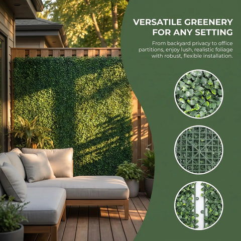 Grass Wall Panels For Balcony And Patio 40 By 120 Inch Artificial Ivy Privacy Fence Screen displayed on a patio wall