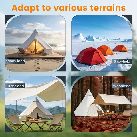 Tent setups in sandy land, snowfield, grassland, and woodland for 12 Pack Screw-In Ground Anchors For Tents And Outdoor Gear usage.