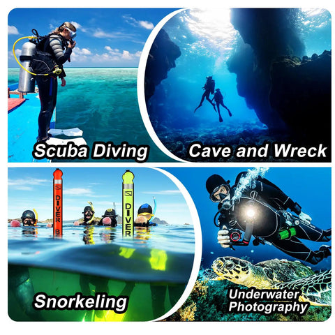 Must Have High Visibility Surface Marker Buoy With Reel For Scuba Diving Set Includes 100ft ABS Dive Reel Open Bottom Safety Sausage shown in diverse diving environments