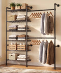 Heavy Duty Wall Mounted Industrial Pipe Closet Rack Featuring Six Generous Shelves And Two Sturdy Bars Built Different To Save Space And Expand Easily In Deep Black with clothes and blankets displayed.