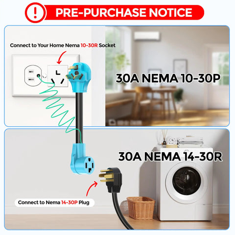 4 Prong To 3 Prong Dryer Adapter Cord For 220V 30 Amp Outlets Converts Newer 4 Wire Dryer Plug To Old School 3 Wire Socket NEMA 10 30P To 14 30R 10 AWG STW Blue Grounded ETL Listed diagram.