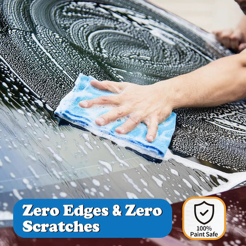 Person using a 12 Pack Microfiber Cleaning Cloths For Cars And Home, Lint Free No Cap Streak Free Towels, Scratch Free Cleaning Rags on car windshield