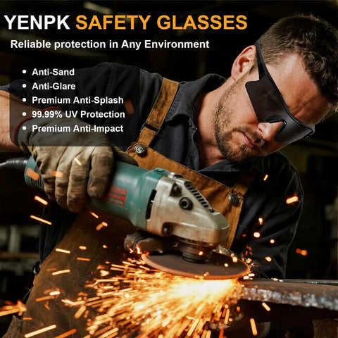 Man using grinder wearing 12 Pack Tinted Safety Glasses Protective Eyewear With ANSI Z87.1 Certified UV400 Eye Protection Anti Splash