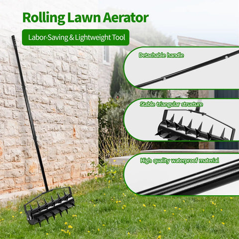 Rolling Lawn Aerator With 18 Inch Roller And 50 Inch Handle Manual Lawn Aerator Tool For Deep Soil Penetration Sturdy Rustproof Metal Frame