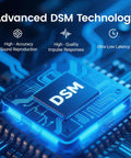 Close-up of DSM chip highlighting high-accuracy sound, quality impulse responses, and ultra-low latency on circuit board.