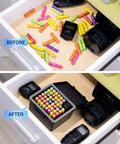 Heavy Duty Storage Box For Forty Four Aaa Batteries With Detachable Tester organized in drawer after use, holding colorful batteries securely.