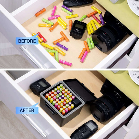 Heavy Duty Storage Box For Forty Four Aaa Batteries With Detachable Tester organized in drawer after use, holding colorful batteries securely.