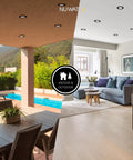 Indoor and outdoor views featuring Six Inch Black Recessed LED Canless Slim Wafer Lights Kit, 12 Pack, 1050 Lumens Each, 15W