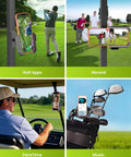 Magnetic Golf Cart Phone Holder Mount holds up to 6 lbs, clips to cart, used for golf apps, recording, FaceTime, and music. Fits iPhone/Galaxy.