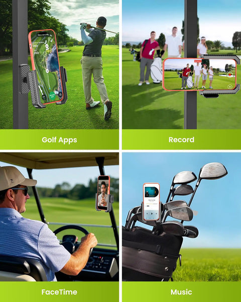 Magnetic Golf Cart Phone Holder Mount holds up to 6 lbs, clips to cart, used for golf apps, recording, FaceTime, and music. Fits iPhone/Galaxy.