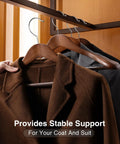 Six Pack Wide Shoulder Walnut Wooden Hangers With Heavy Duty Rotating Hooks Non Slip Pants Bar Smooth Finish Solid Wood Coat Hangers holding coats